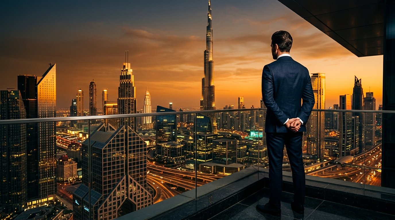 Businessman overlooking Dubai skyline at sunset